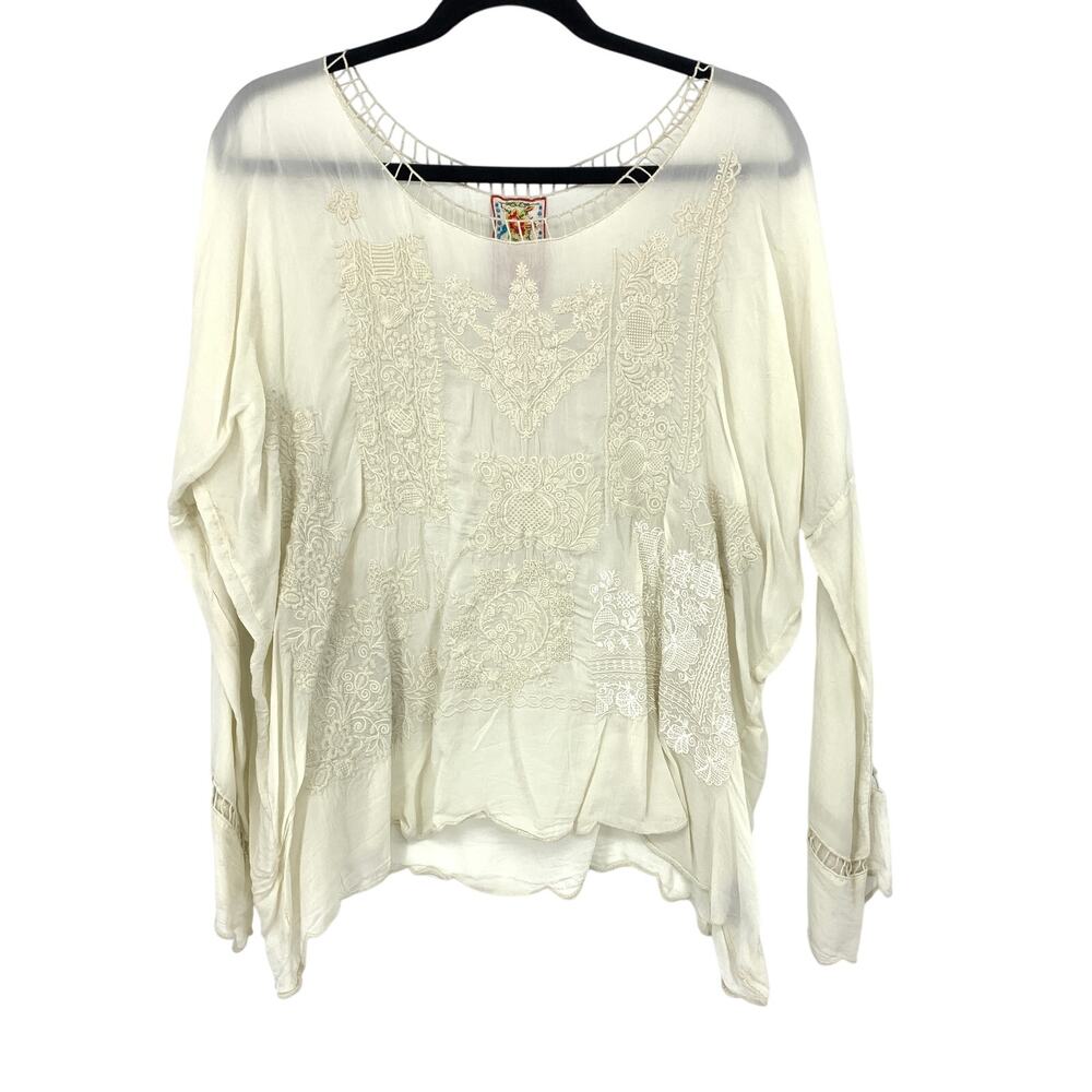 Johnny Was Ivory Embroidered Blouse Womens M Oversized Boho Lace Tunic Top